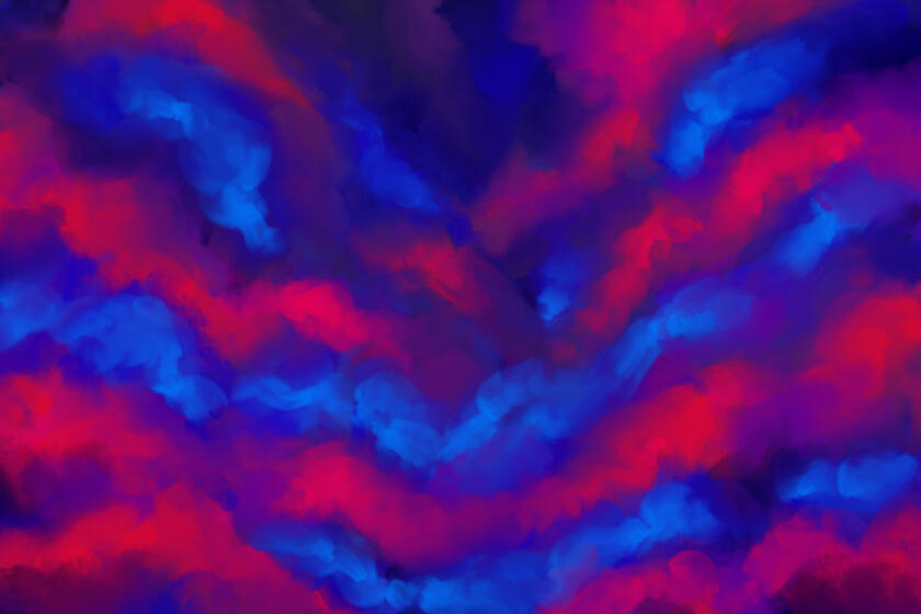 Digital painting of dark blue and hot pink clouds.