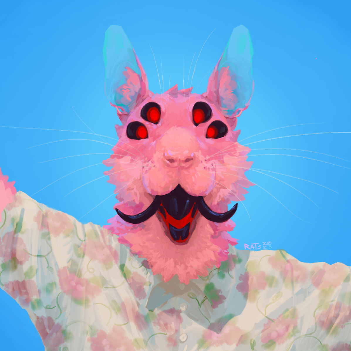 Digital painting of an anthro rat-cat with pink fur and four eyes smiling.