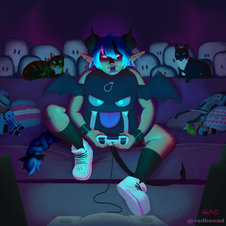 Digital illustration of Mimi, a blue-haired devil girl sat on a couch with a game controller in her hands. She is lit by dim blue lighting in front of her.